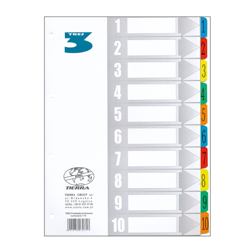 PRZEKŁADKA TRES A4 LAMINOWANA NUMERYCZNA 10 KOLOR