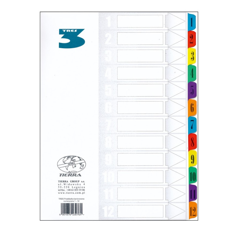 PRZEKŁADKA TRES A4 LAMINOWANA NUMERYCZNA 12 KOLOR