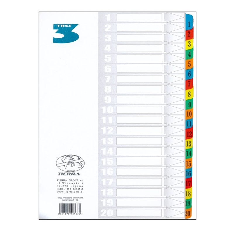 PRZEKŁADKA TRES A4 LAMINOWANA NUMERYCZNA 20 KOLOR