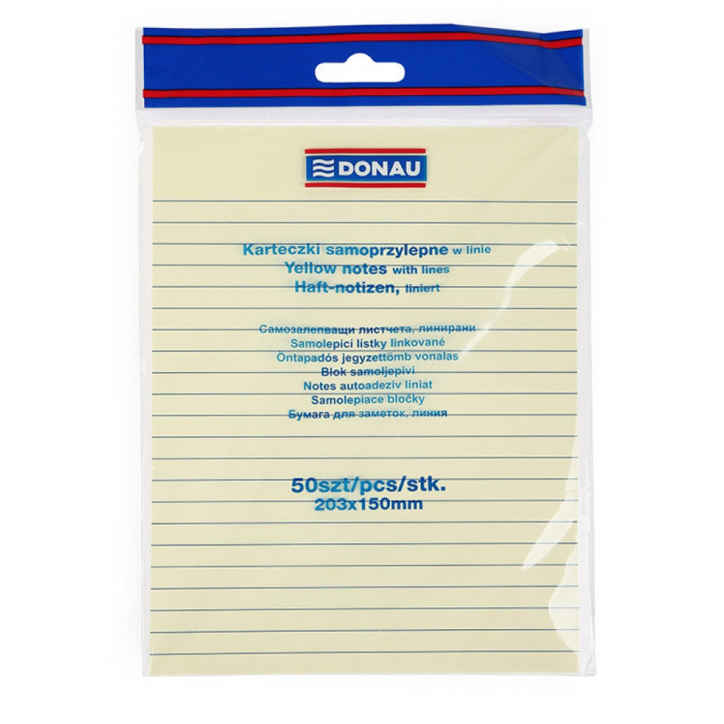 Bloczek samoprzylepny DONAU, 150x203mm, w linię, 1x50 kart., 75gsm, żółty