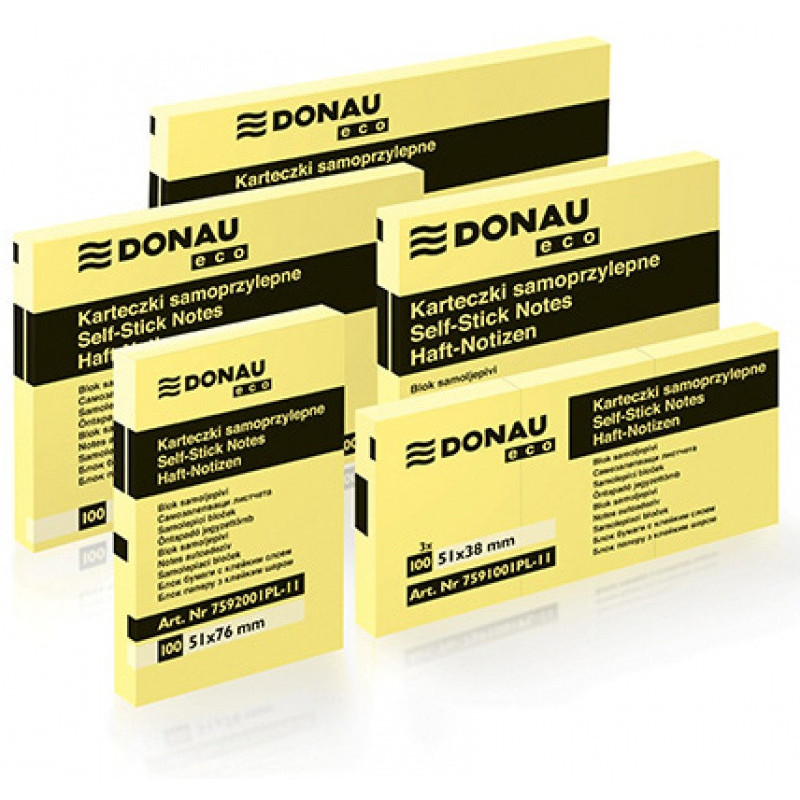 Bloczek samoprzylepny DONAU Eco, 127x76mm, 1x100 kart., jasnożółty