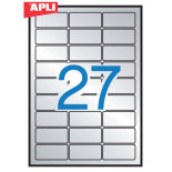Etykiety poliestrowe APLI, 63,5x29,6mm, zaokrąglone, srebrne, 20 ark.