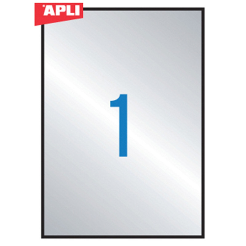 Etykiety poliestrowe APLI, 210x297mm, prostokątne, srebrne, 20 ark.