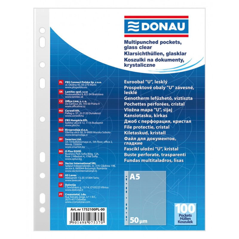 Koszulki na dokumenty DONAU, PP, A5, krystal, 50mikr., 100szt.