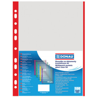 Koszulki na dokumenty DONAU, PP, A4, krystal, 40mikr., kolorowy brzeg - czerwony, 100szt.