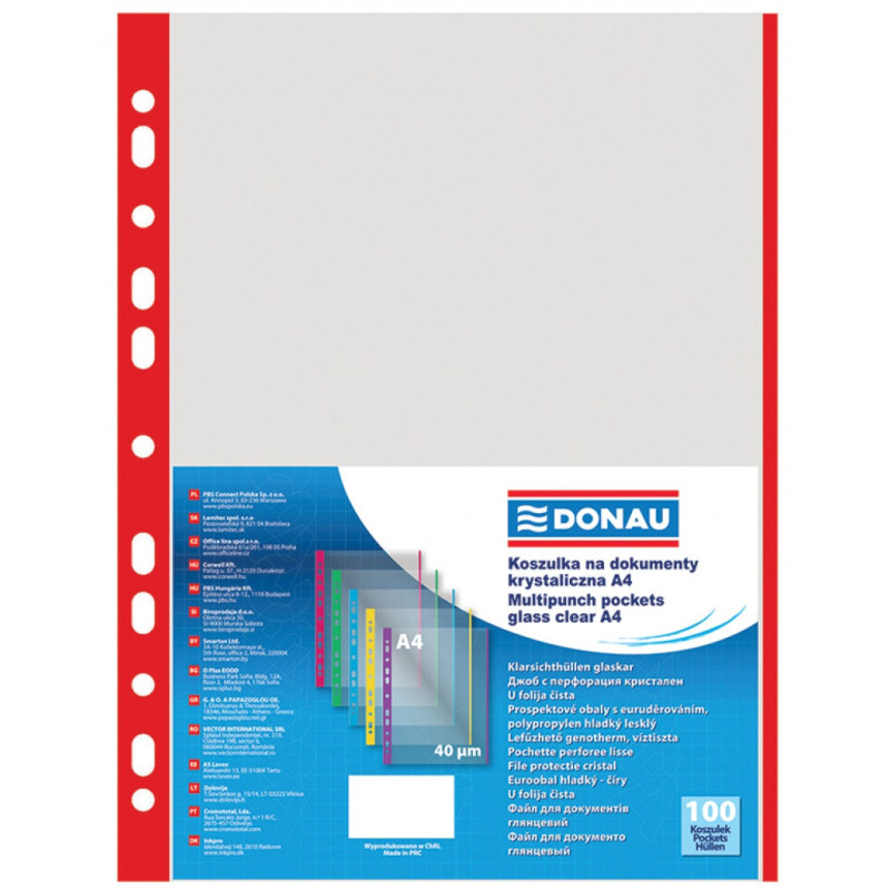 Koszulki na dokumenty DONAU, PP, A4, krystal, 40mikr., kolorowy brzeg - czerwony, 100szt.