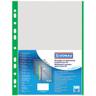 Koszulki na dokumenty DONAU, PP, A4, krystal, 40mikr., kolorowy brzeg - zielony, 100szt.