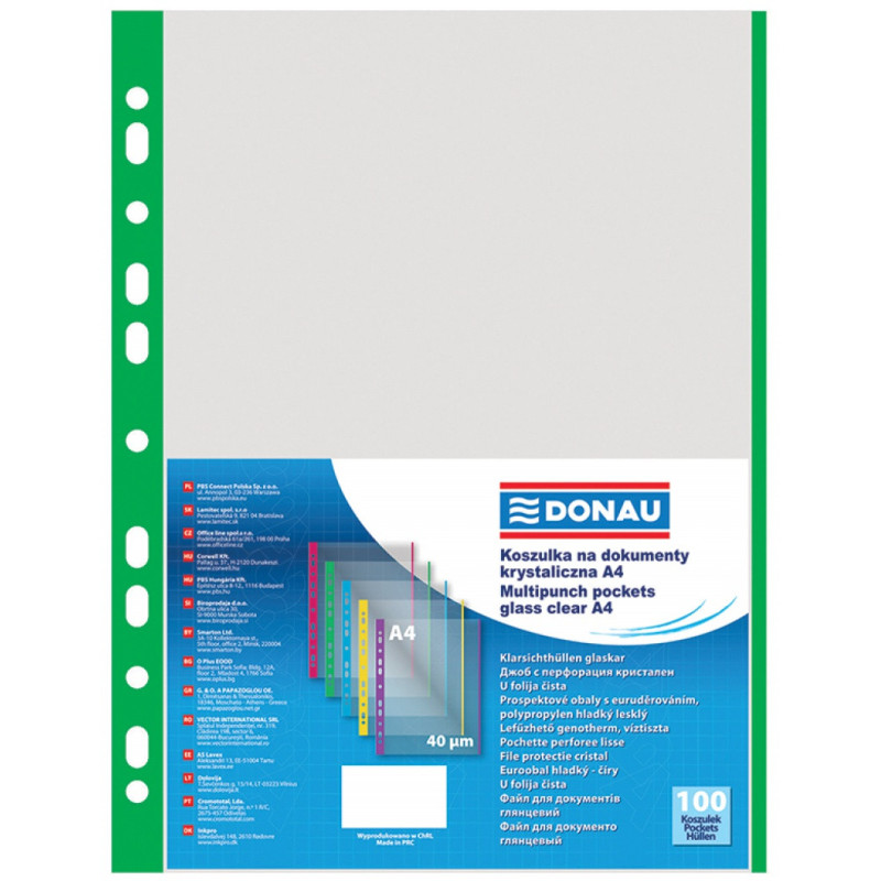 Koszulki na dokumenty DONAU, PP, A4, krystal, 40mikr., kolorowy brzeg - zielony, 100szt.