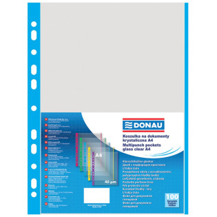 Koszulki na dokumenty DONAU, PP, A4, krystal, 40mikr., kolorowy brzeg - niebieski, 100szt.