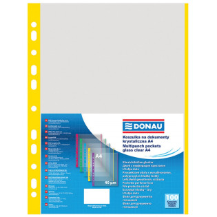 Koszulki na dokumenty DONAU, PP, A4, krystal, 40mikr., kolorowy brzeg - żółty, 100szt.