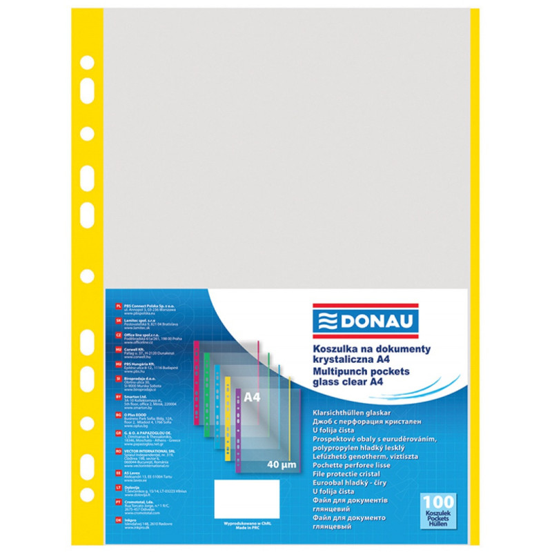 Koszulki na dokumenty DONAU, PP, A4, krystal, 40mikr., kolorowy brzeg - żółty, 100szt.