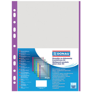 Koszulki na dokumenty DONAU, PP, A4, krystal, 40mikr., kolorowy brzeg - fioletowy, 100szt.