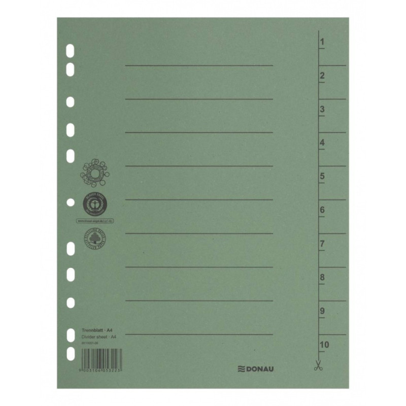 Przekładka DONAU, karton, A4, 235x300mm, 1-10, 1 karta, zielona