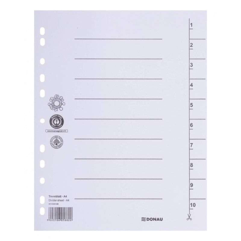 Przekładka DONAU, karton, A4, 235x300mm, 1-10, 1 karta, biała