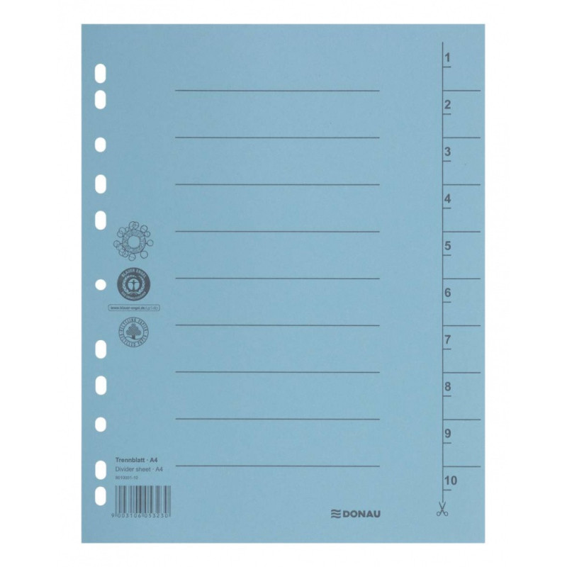 Przekładka DONAU, karton, A4, 235x300mm, 1-10, 1 karta, niebieska