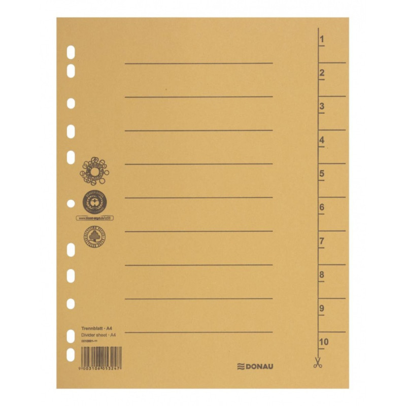 Przekładka DONAU, karton, A4, 235x300mm, 1-10, 1 karta, żółta
