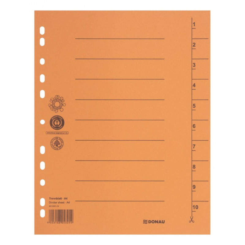 Przekładka DONAU, karton, A4, 235x300mm, 1-10, 1 karta, pomarańczowa