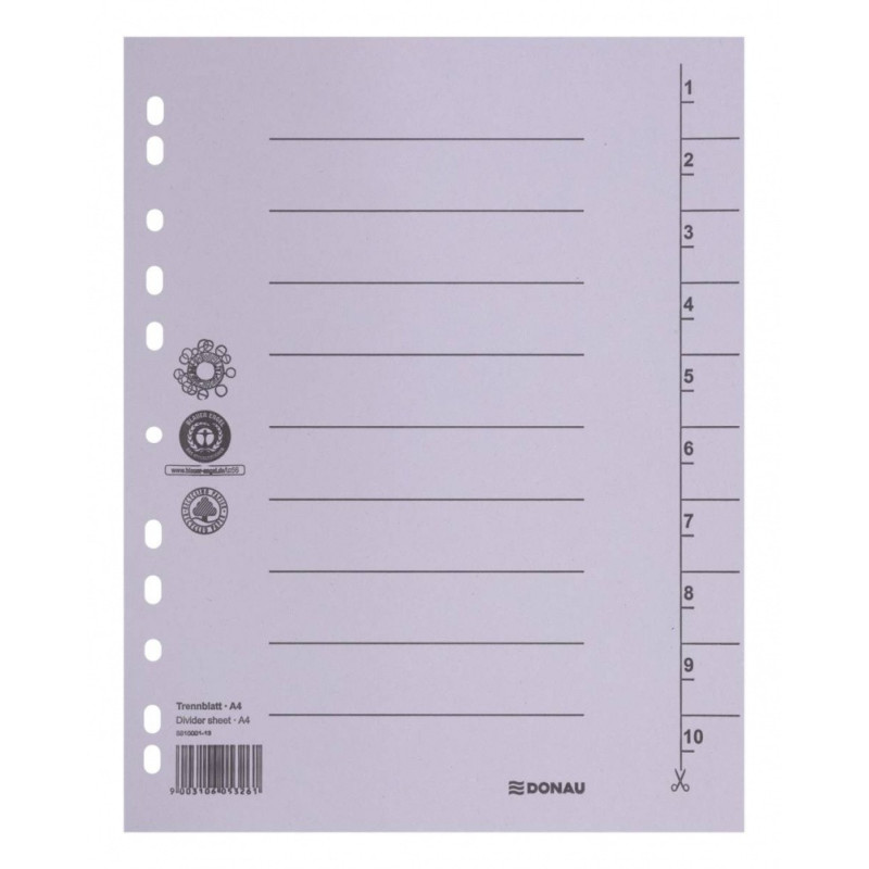 Przekładka DONAU, karton, A4, 235x300mm, 1-10, 1 karta, szara