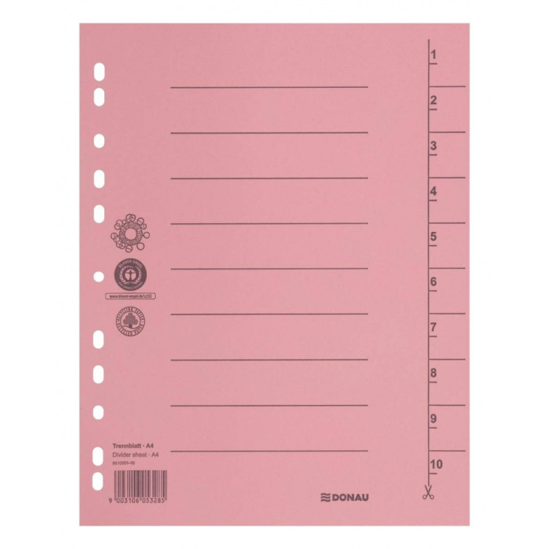 Przekładka DONAU, karton, A4, 235x300mm, 1-10, 1 karta, jasnoróżowa
