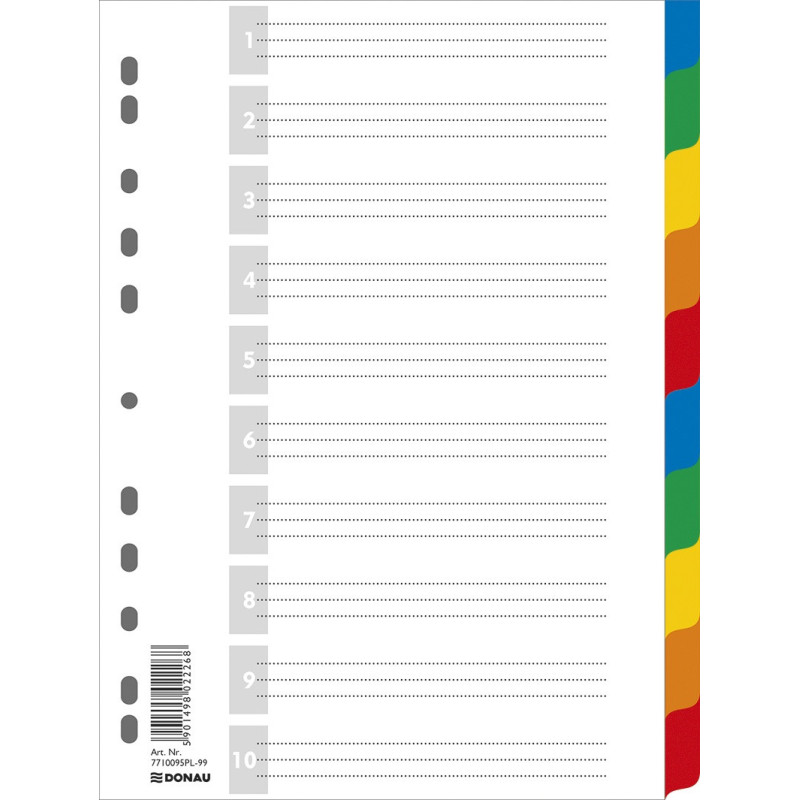 Przekładki DONAU, PP, A4, 225x297mm, 10+1 kart, mix kolorów