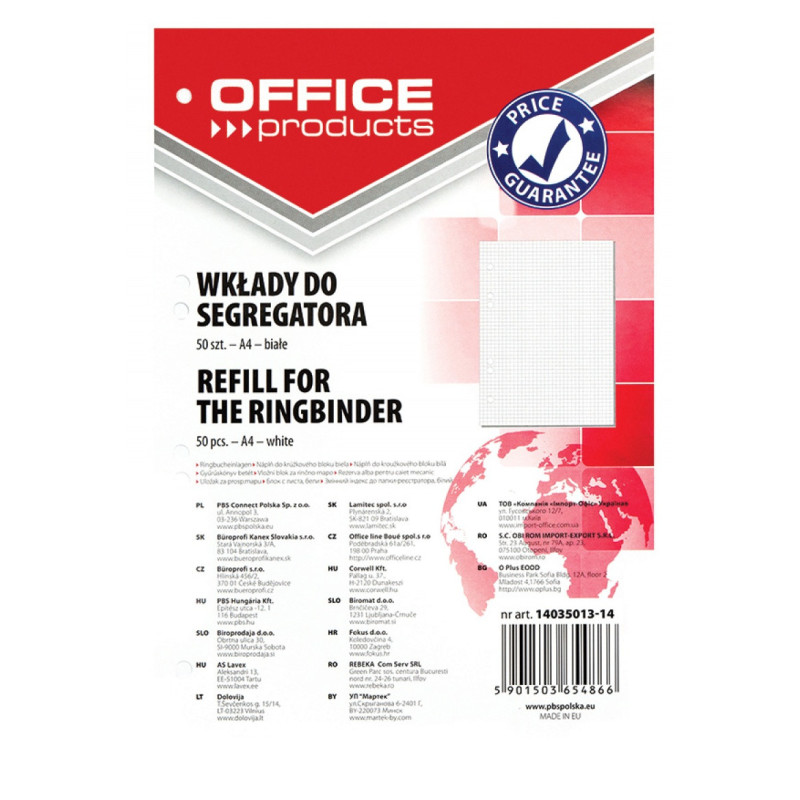 Wkład do segregatora OFFICE PRODUCTS, A4, w kratkę, 50 kart., biały