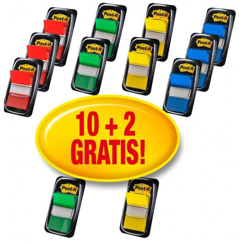 Zestaw promocyjny zakładek POST-IT® (680 -P10+2), PP, 25,4x43,2mm, 10x50 kart.+2x50 GRATIS, mix kolorów