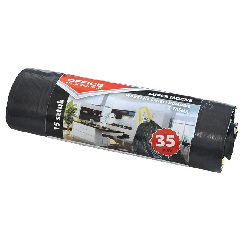 Worki na śmieci domowe z taśmą OFFICE PRODUCTS, super mocne (LDPE), 35l, 15szt., czarne