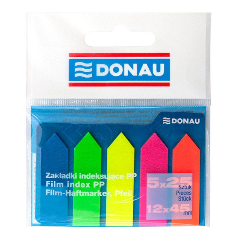 Zakładki indeksujące DONAU, PP, 12x45mm, strzałka, 5x25 kart., mix kolorów