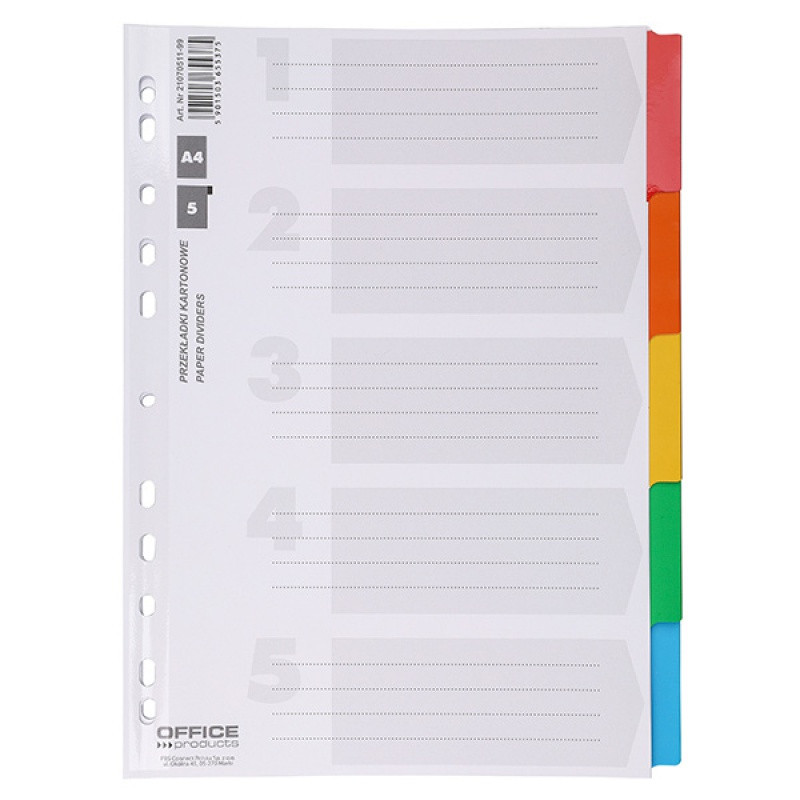 Przekładki OFFICE PRODUCTS, karton, A4, 227x297mm, 5 kart, lam. indeks, mix kolorów