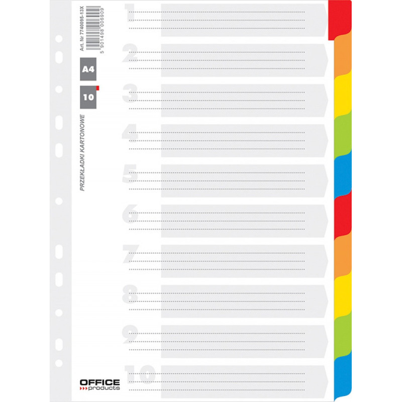Przekładki OFFICE PRODUCTS, karton, A4, 227x297mm, 10 kart, lam. indeks, mix kolorów