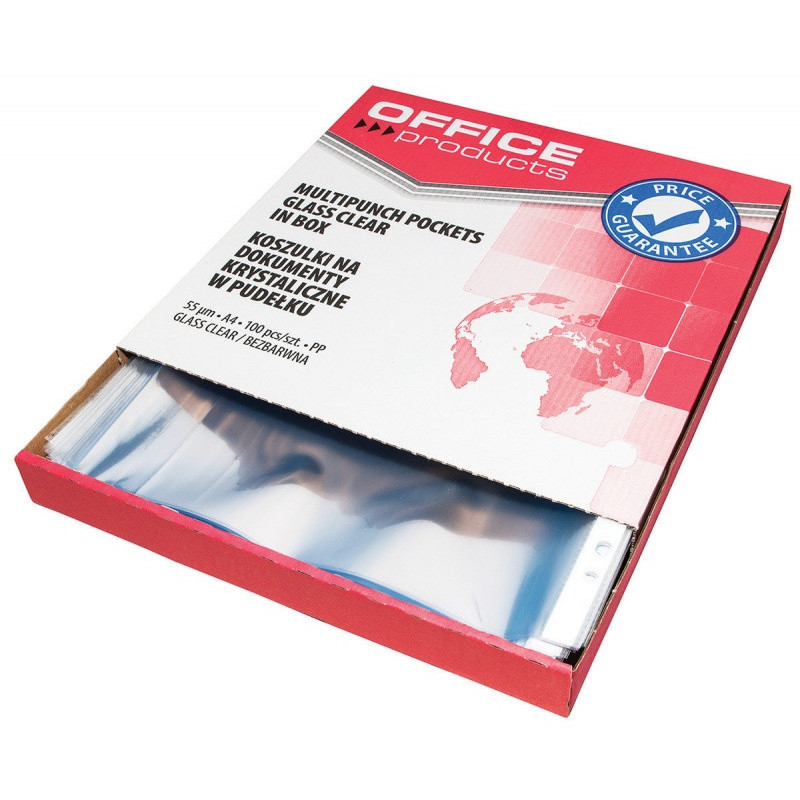 Koszulki na dokumenty OFFICE PRODUCTS, PP, A4, krystal, 55mikr., 100szt., w pudełku