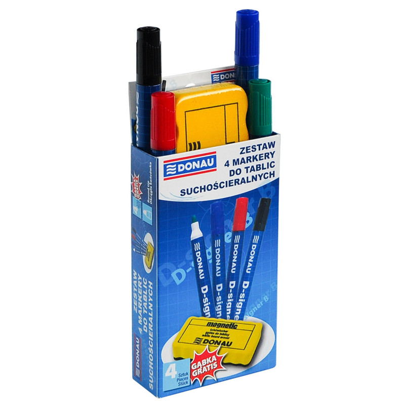 Zestaw 4 markery do tablic DONAU D-Signer B, okrągły, mix kolorów, gąbka gratis