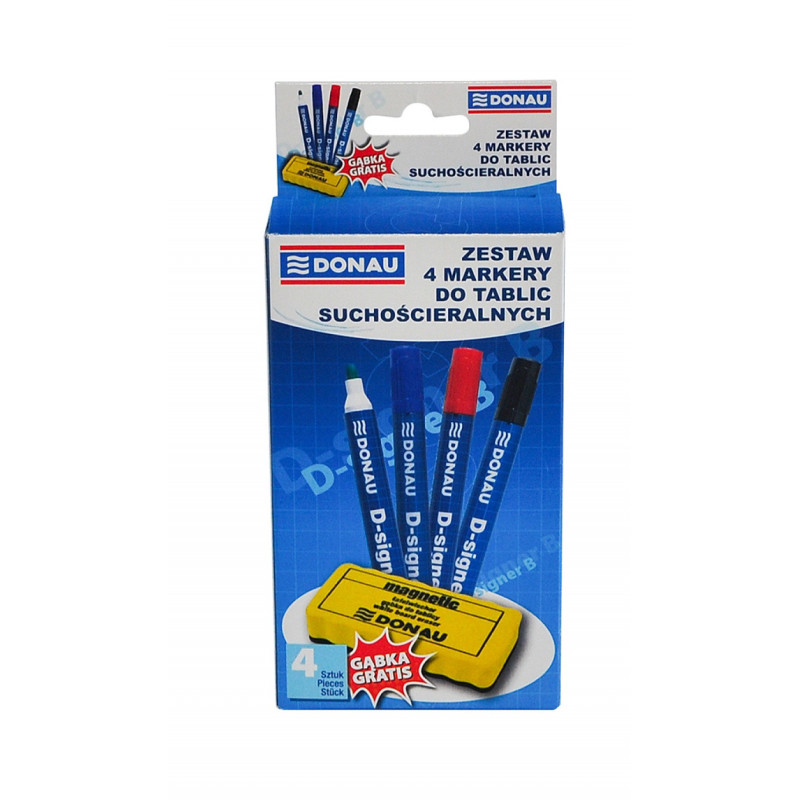 Zestaw 4 markery do tablic DONAU D-Signer B, okrągły, mix kolorów, gąbka gratis