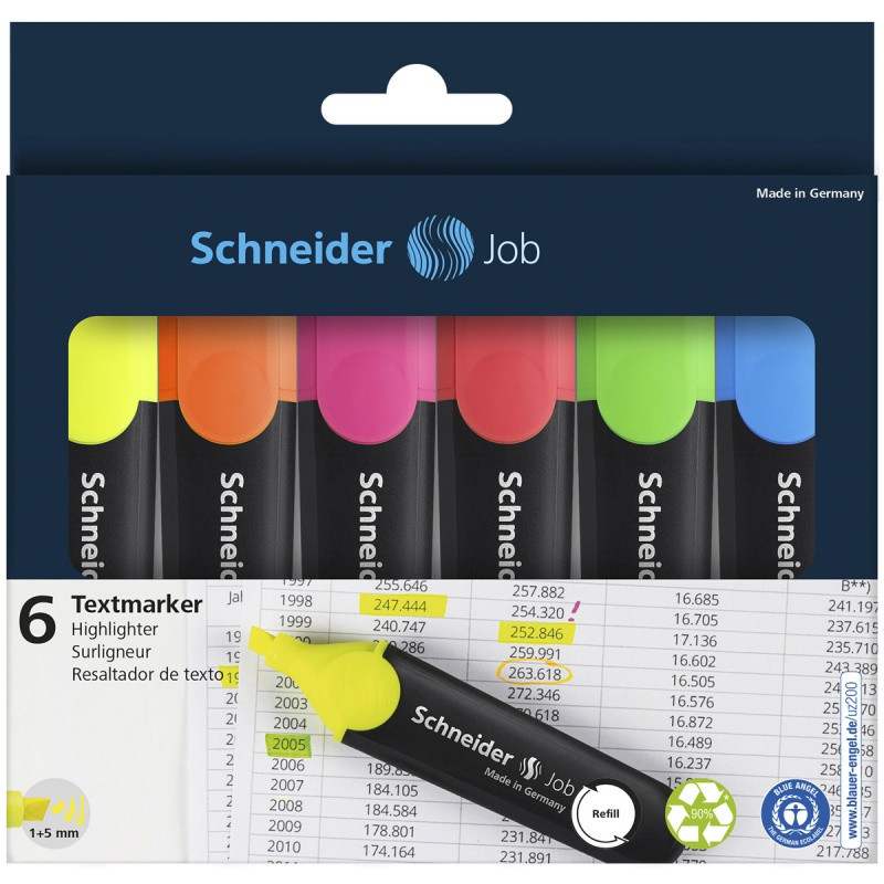 Zestaw zakreślaczy SCHNEIDER Job, 1-5 mm, 6 szt., pudełko z zawieszką, mix kolorów