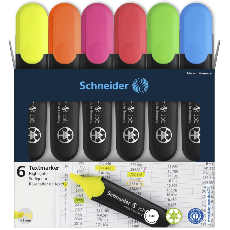 Zestaw zakreślaczy SCHNEIDER Job, 1-5 mm, 6 szt., pudełko z zawieszką, mix kolorów