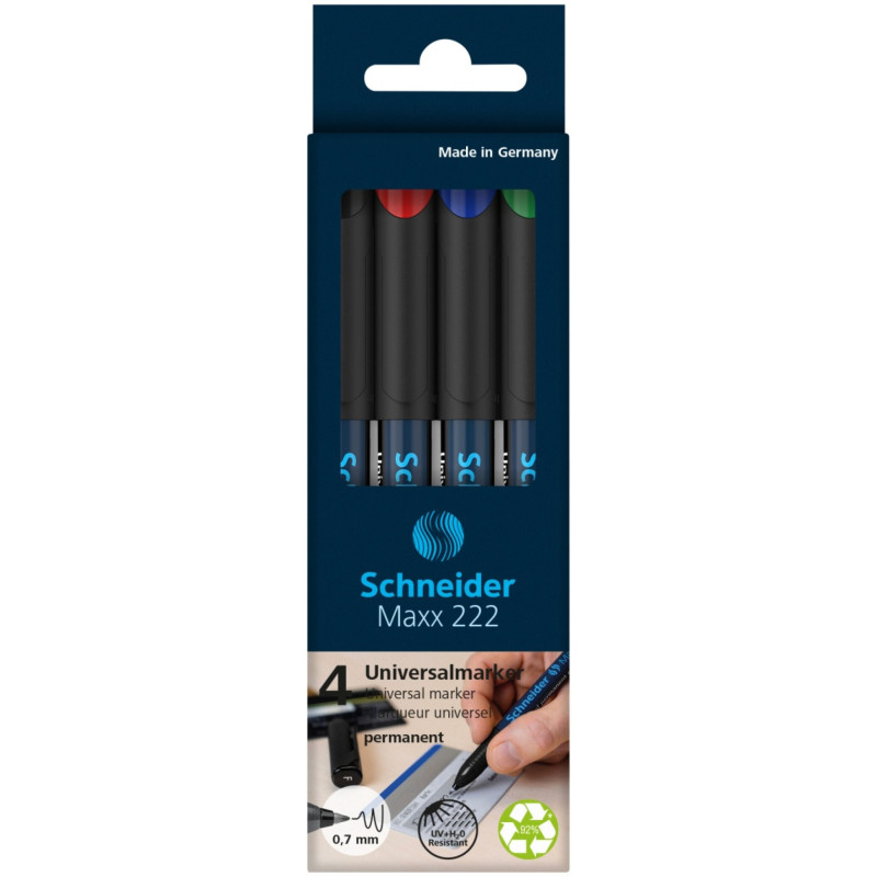 Zestaw foliopisów permanentnych SCHNEIDER Maxx 222, F, 0,7mm, 4 szt., miks kolorów