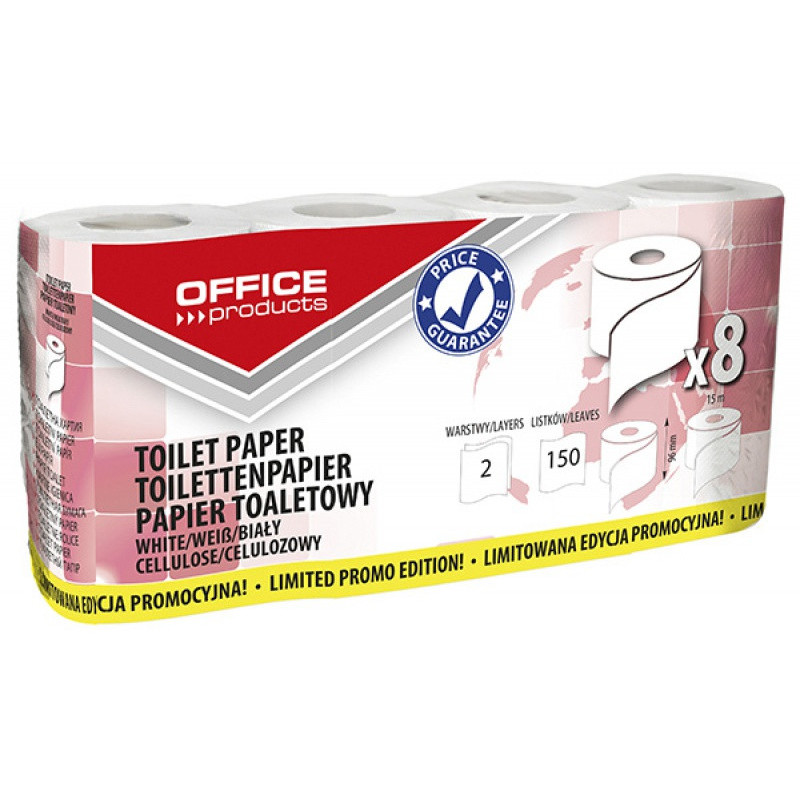 Papier toaletowy celulozowy OFFICE PRODUCTS, 2-warstwowy, 150 listków, 15m, 8szt., biały