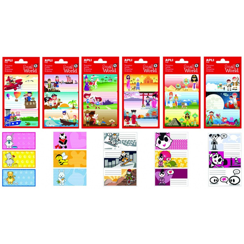 Etykiety szkolne APLI, small world, 3 ark., mix wzorów