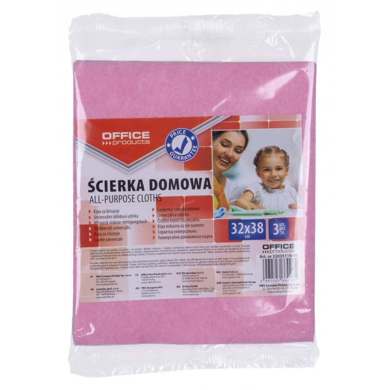 Ścierka domowa OFFICE PRODUCTS, wiskoza 70%, gr. 80g/mkg, 32x38cm, 3szt., mix kolorów