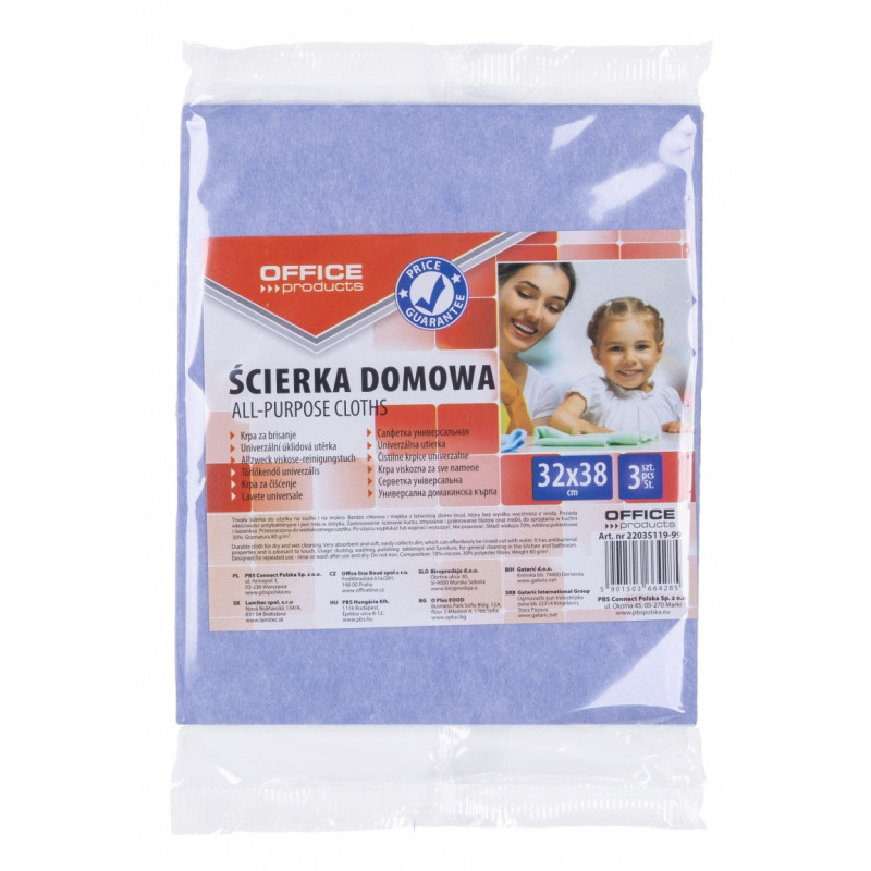 Ścierka domowa OFFICE PRODUCTS, wiskoza 70%, gr. 80g/mkg, 32x38cm, 3szt., mix kolorów