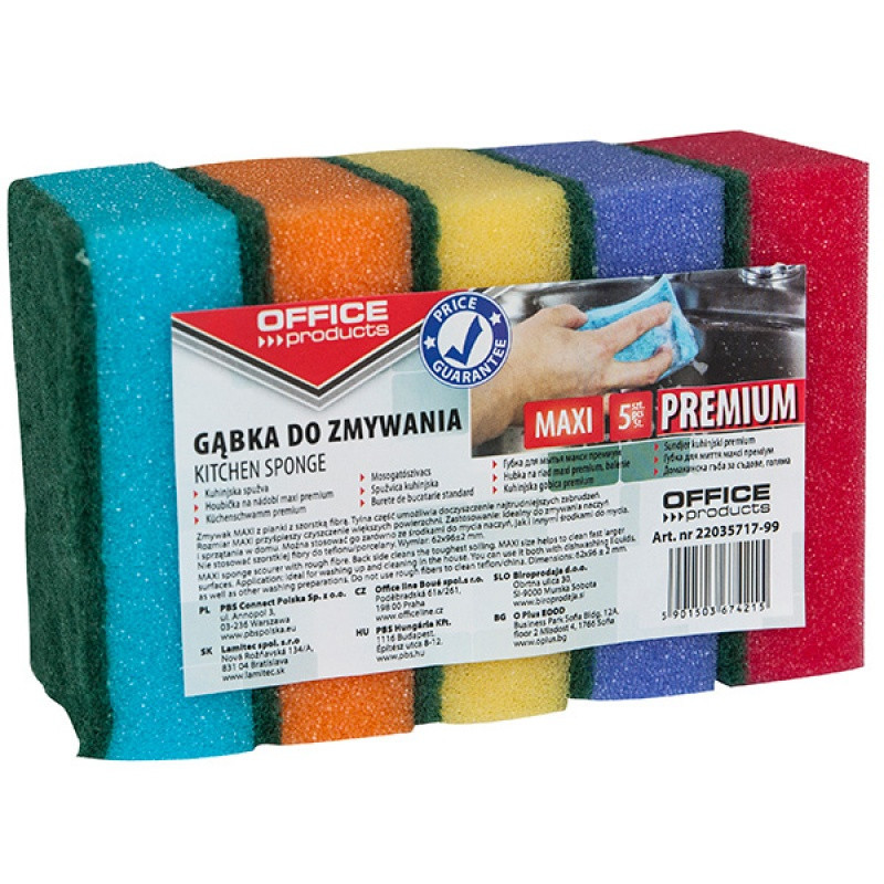 Gąbka do zmywania OFFICE PRODUCTS Maxi Premium, 5szt., mix kolorów