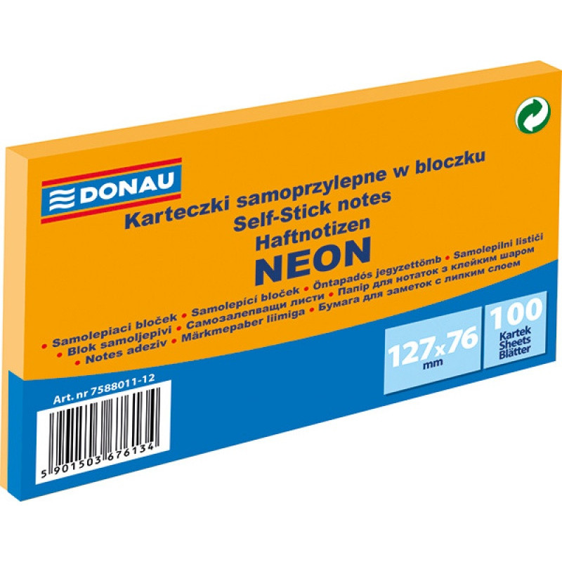 Bloczek samoprzylepny DONAU, 127x76mm, 1x100 kart., neon, pomarańczowy