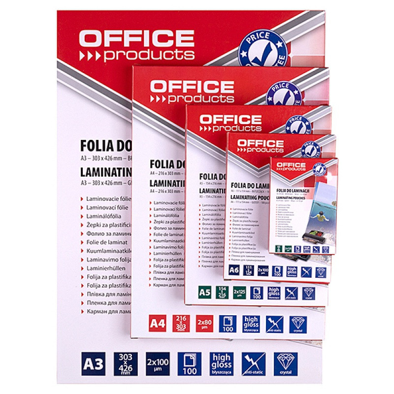 Folia do laminowania OFFICE PRODUCTS, A5, 2x125mikr., błyszcząca, 100szt., transparentna