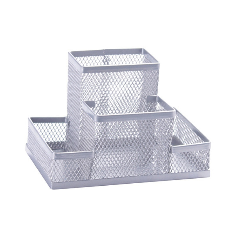 Przybornik na biurko Q-CONNECT Office Set, metalowy, 4 komory, srebrny