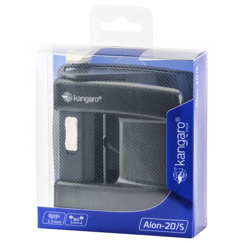 Dziurkacz KANGARO Aion-20/S, dziurkuje do 20 kartek, metalowy, w pudełku PP, metaliczny szary