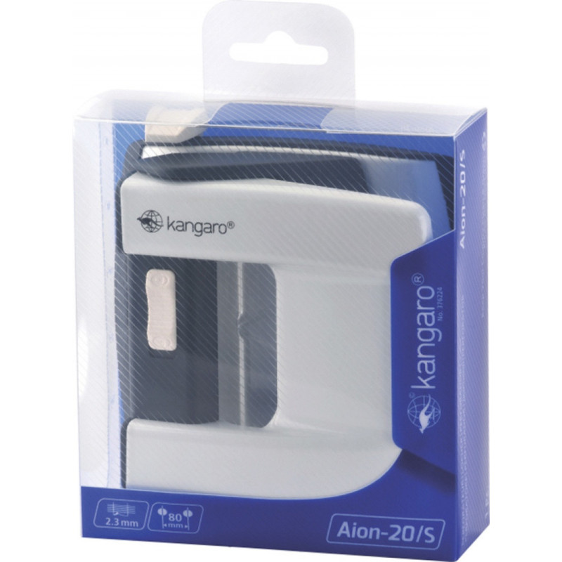 Dziurkacz KANGARO Aion-20/S, dziurkuje do 20 kartek, metalowy, w pudełku PP, metaliczny biały