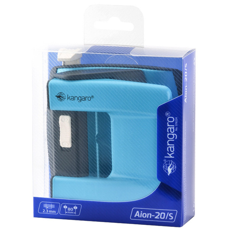 Dziurkacz KANGARO Aion-20/S, dziurkuje do 20 kartek, metalowy, w pudełku PP, turkusowy