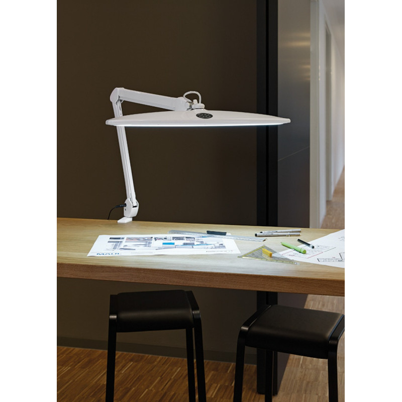 Lampka LED na biurko MAULwork, 21W, ze ściemniaczem, mocowana zaciskiem, biała