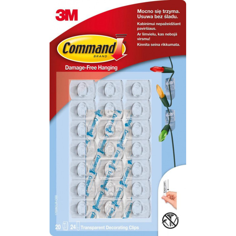 Haczyki Command™ (17026CLR PL), do wieszania ozdób, 20 haczyków i 24 mini paski, transparentne