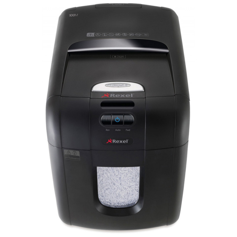 Niszczarka automatyczna REXEL Auto+ 100M EU, mikro ścinki, P-5, 100 kart., 26l, karty kredytowe, czarna